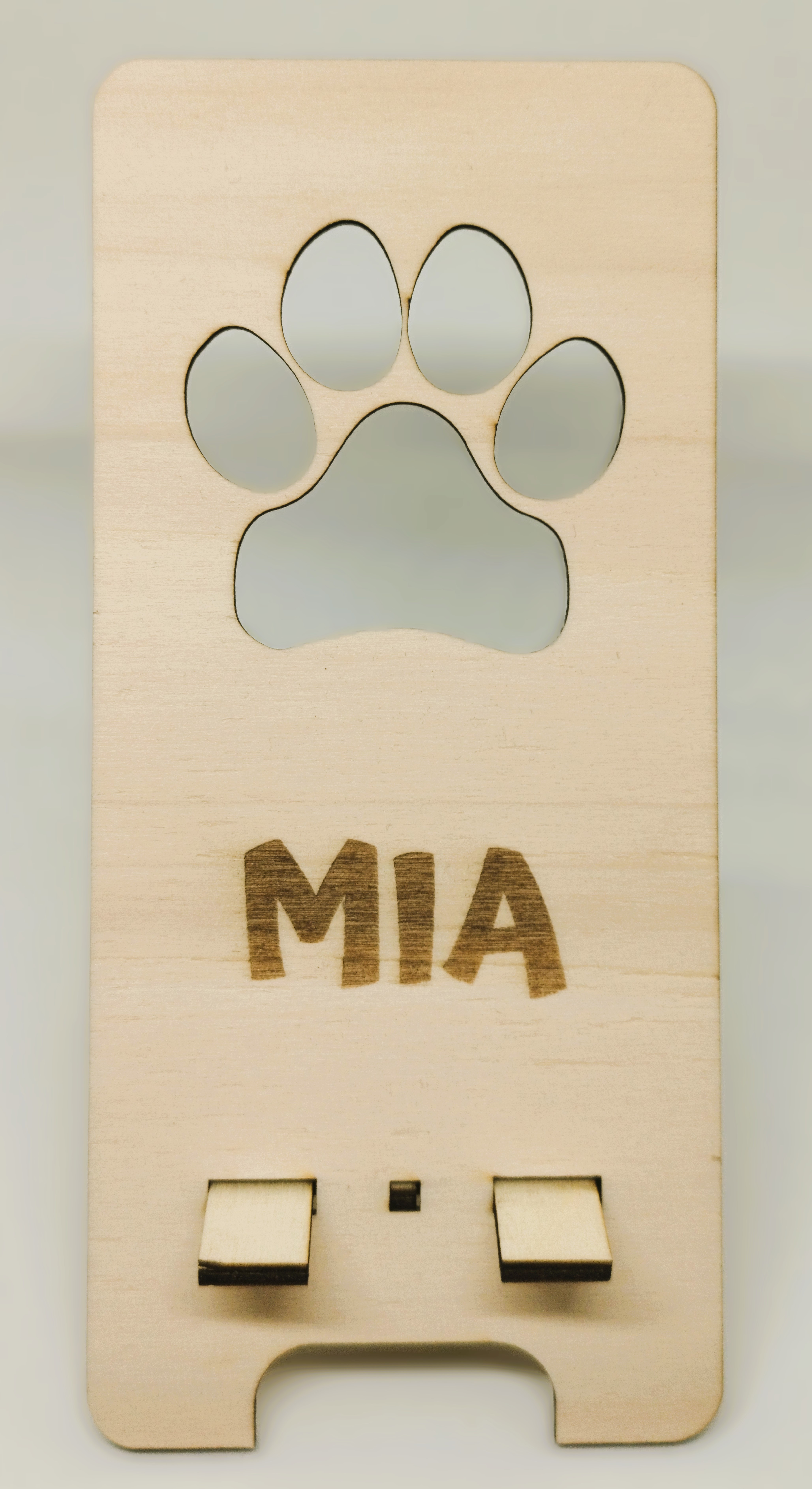 Smartphone-Halter Pfote aus Holz, personalisierbar mit Name