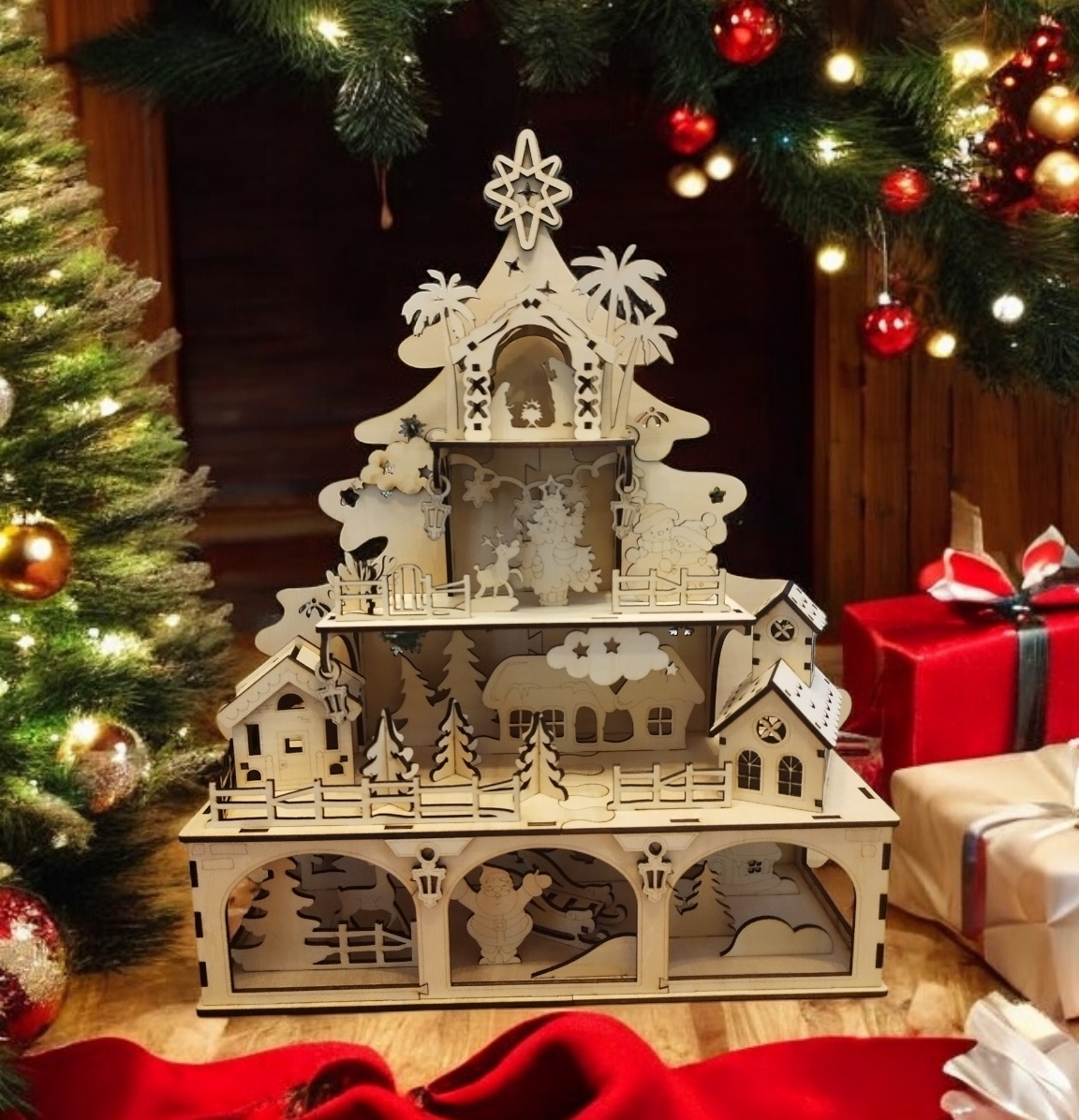 Weihnachtsbaum mit winterlicher Landschaft und Krippe aus Holz