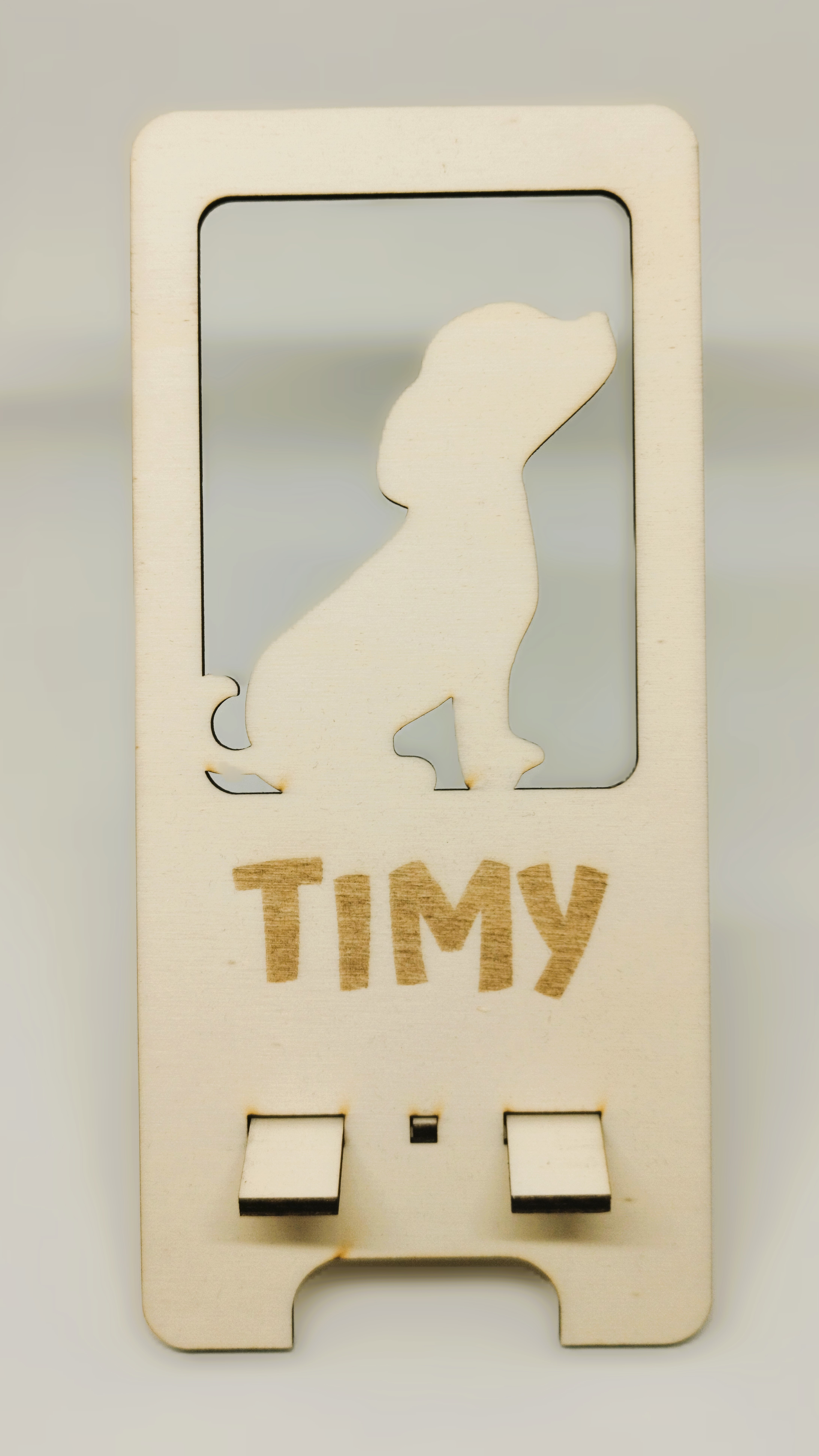 Smartphone-Halter Hund aus Holz, personalisierbar mit Name